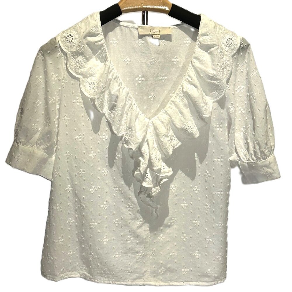 Loft White Eyelet Short Sleeve Blouse Small